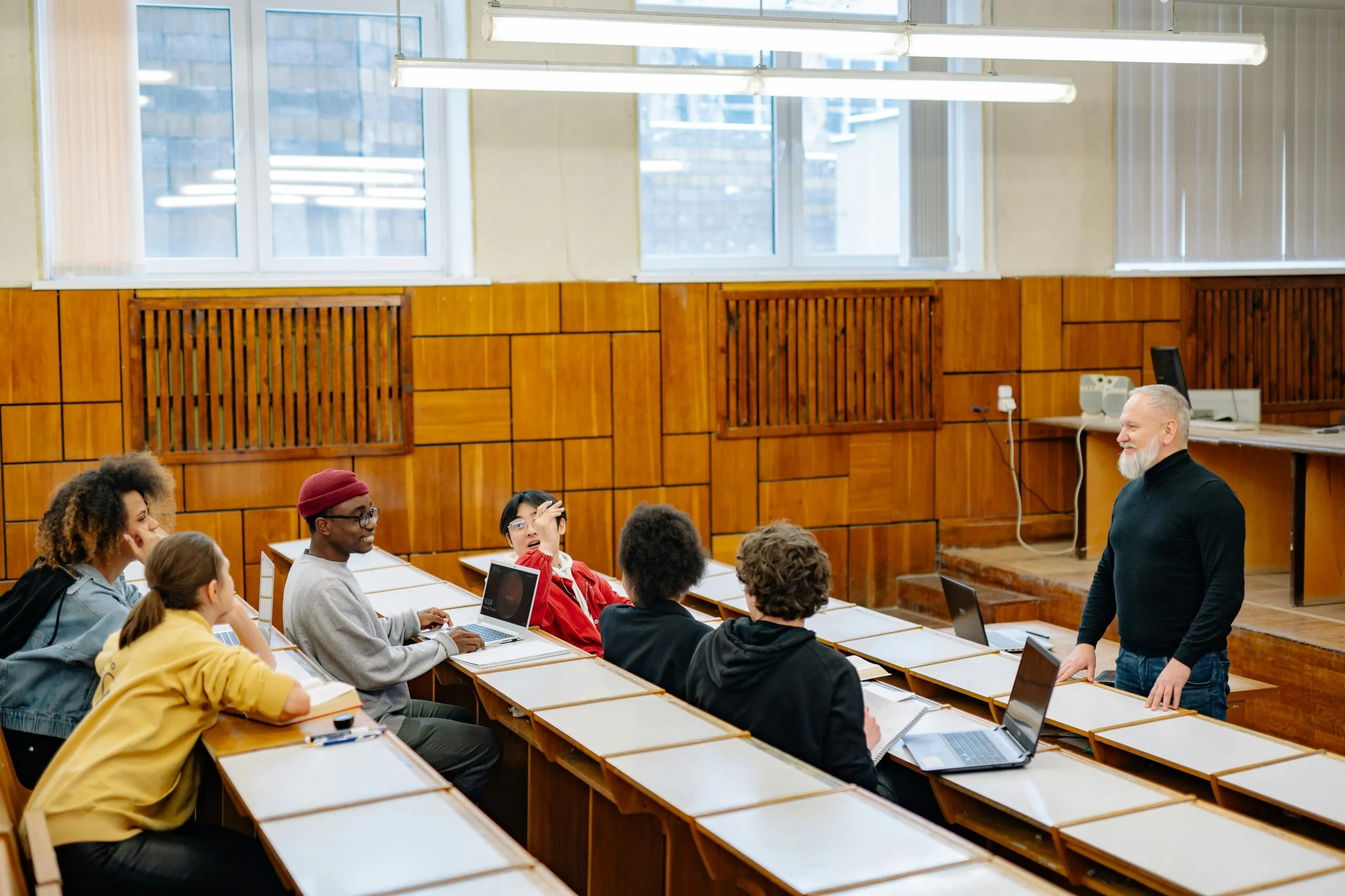 Students in a classroom using AI-powered learning tools