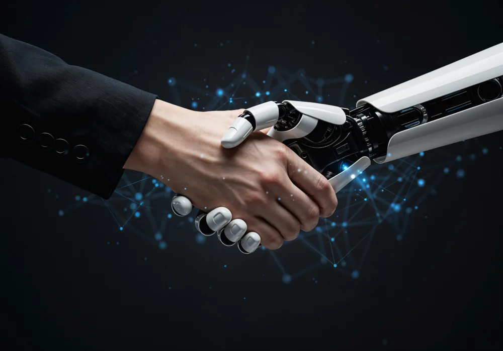 A human hand shaking a robotic hand, representing people and AI working together