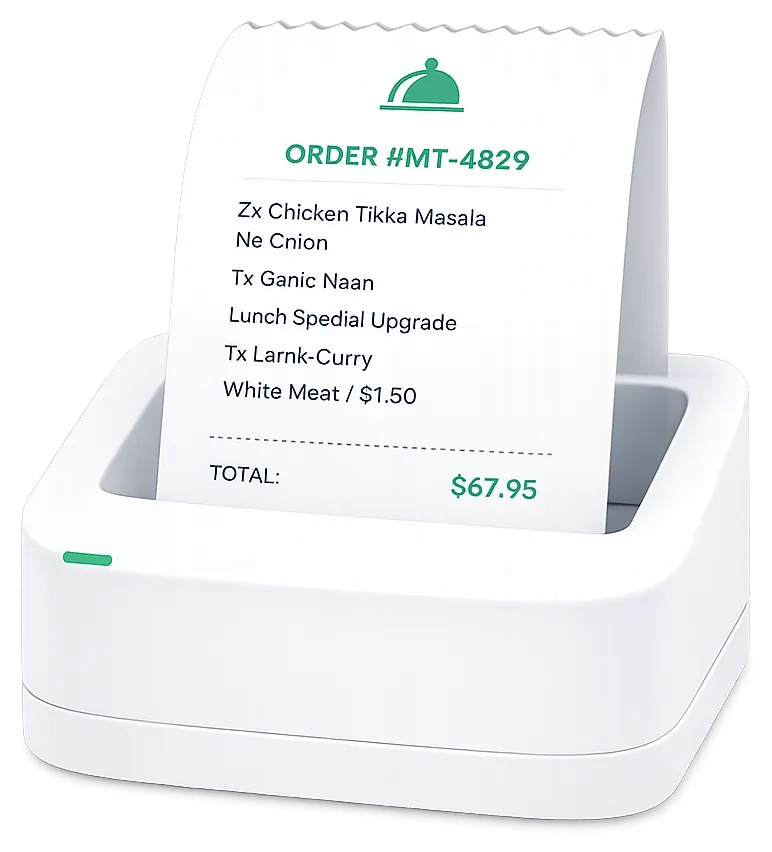 Thermal kitchen printer producing a printed order ticket