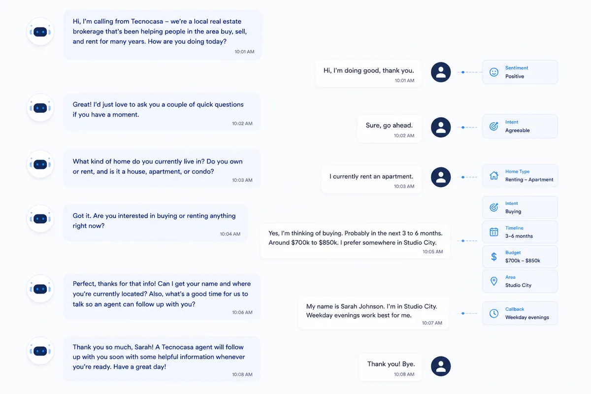 Project scope diagram showing the AI agent's scripted conversation flow on the left and the structured fields it extracts, intent, timeline, budget, area and callback time, on the right