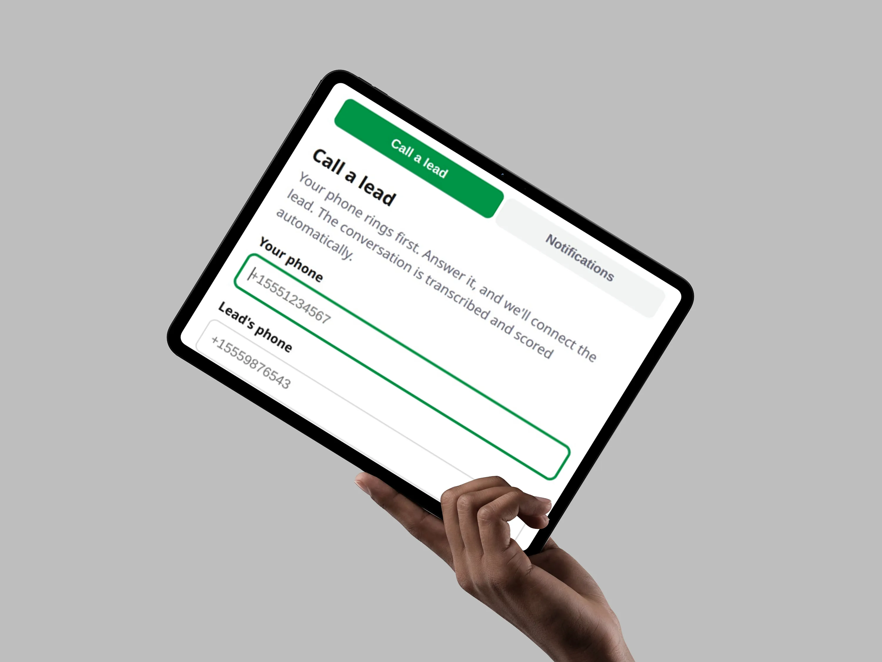 Call a Lead screen shown on a tablet mockup held in hand