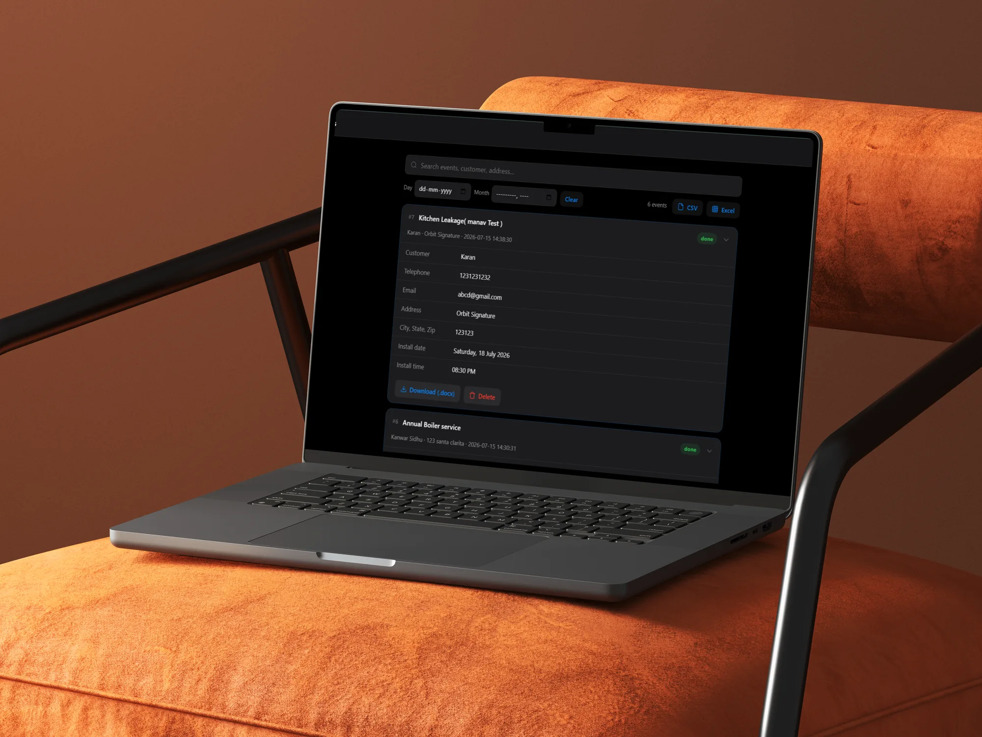 Calendar-to-Contract Order Automation dashboard shown on a laptop, displaying a job event with customer details