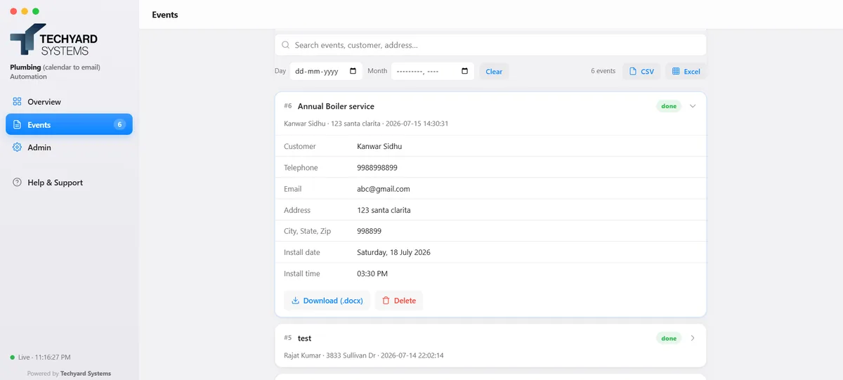 Dashboard Events tab showing an expanded job record with customer details and a Download .docx button
