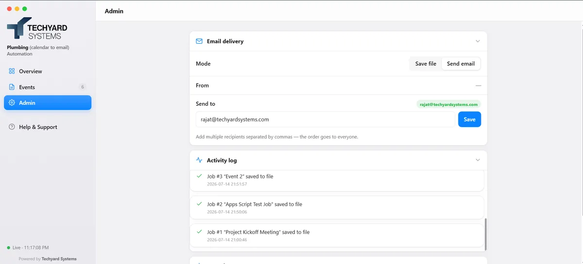 Admin panel showing the activity log, record management, and appearance theme toggle