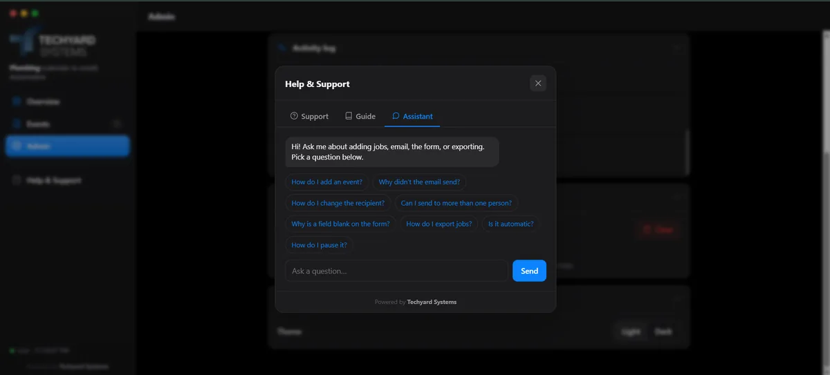Built-in Help and Support assistant modal answering common dashboard questions