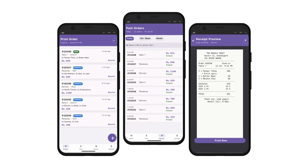 Print Order app screens showing the live Orders board, Past Orders history, and a Receipt Preview ready to print