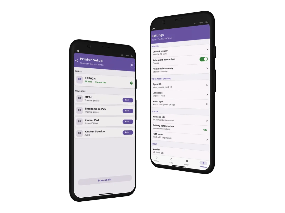 Print Order app showing the Bluetooth printer pairing screen and the outlet Settings screen with auto-print, voice agent, and system options