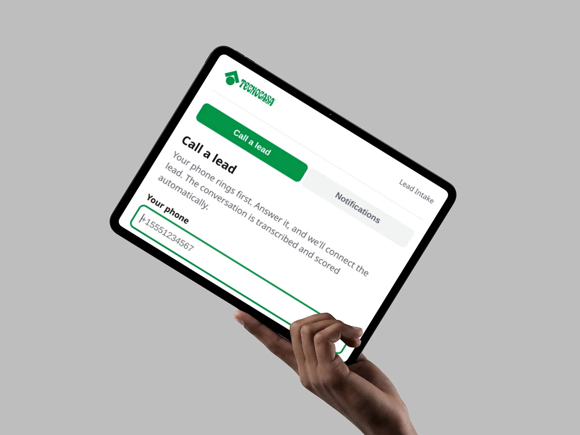 Tecnocasa Call a Lead screen on a tablet mockup