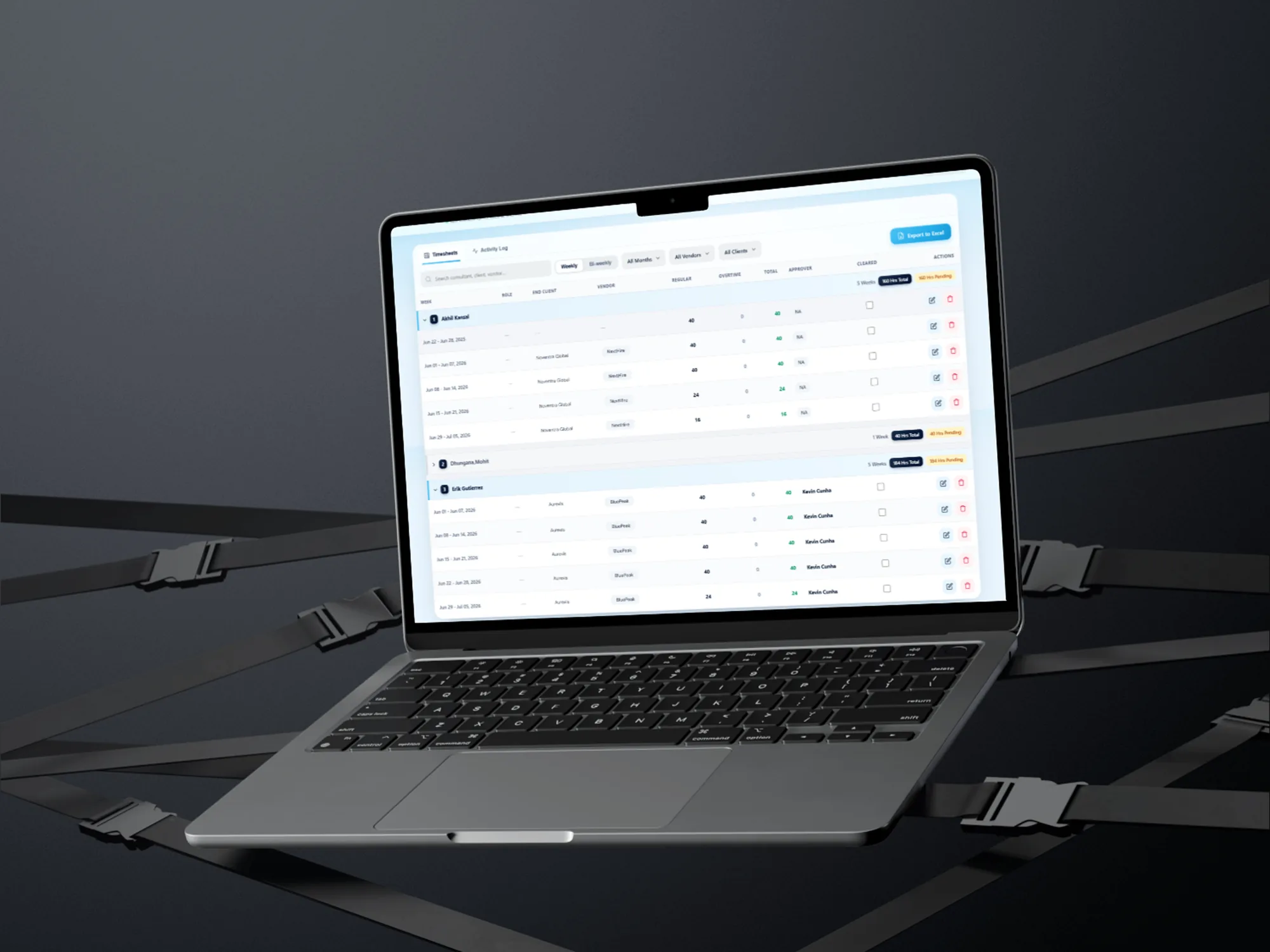 Timesheet Automation dashboard for VRTek Consulting shown on a laptop mockup, showing processed timesheets, pending hours, and export controls