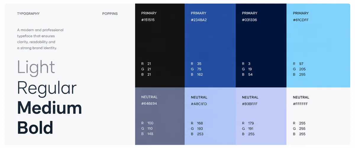 VRTek Consulting brand colour palette and Poppins typography style guide