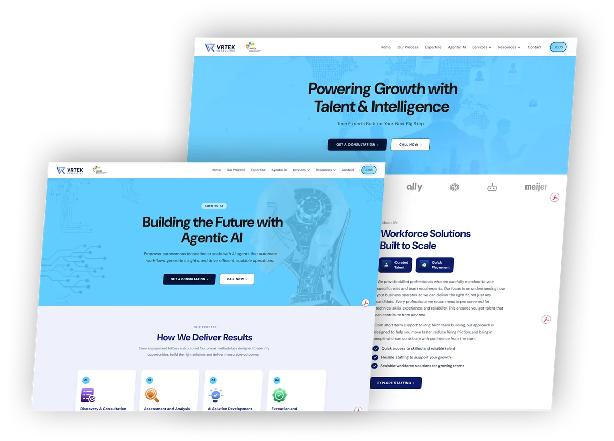 VRTek Consulting homepage design shown across desktop and mobile mockups